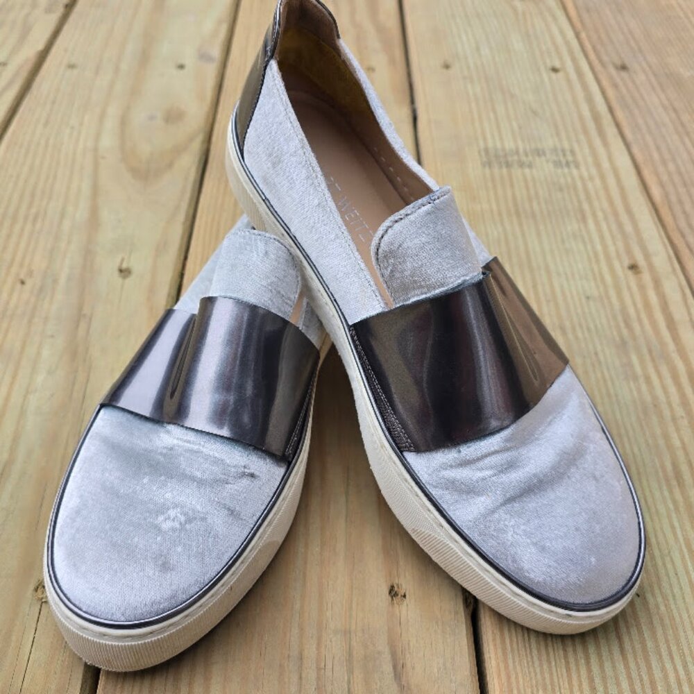 Stuart Weitzman Light Gray and Silver Slip-On Sneakers, Size 8